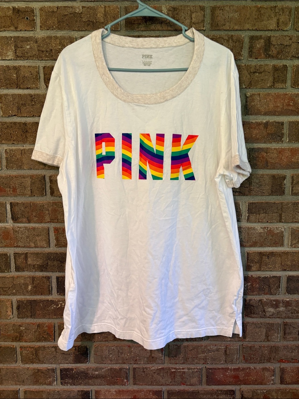 PINK Victoria's Secret White Short Sleeve Tee with Rainbow Lettering